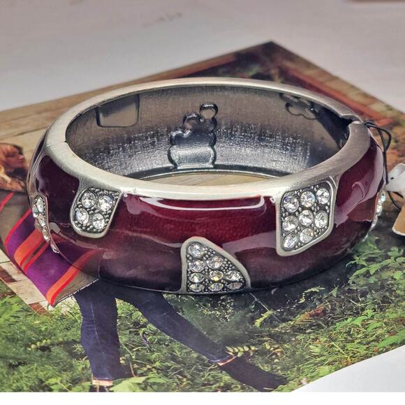 MYTHOLOGIE Silver Rustic Brown Enamel Cuff Bracelet Rhinestones New - Picture 1 of 1